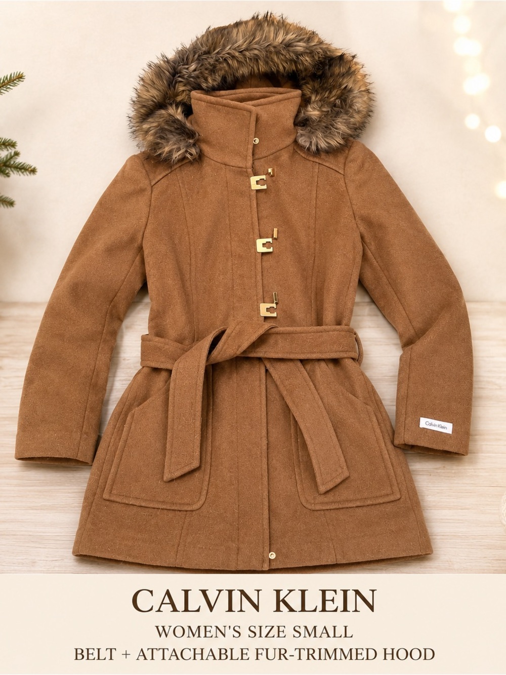 Calvin Klein Camel/Tan Wool-Blend Belted Pea Coat with Fur-Trim Hood